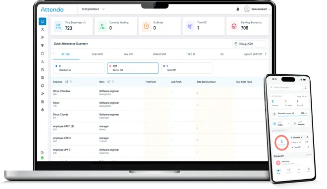 Attendo admin dashboard and employee mobile app